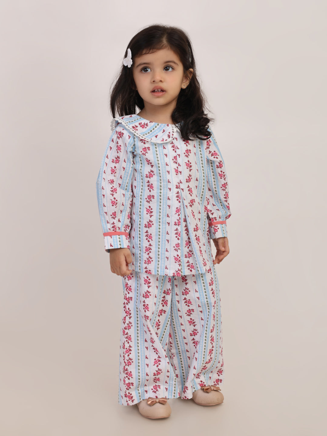 Floral Stripe Cotton Coord Set for Girls | Festive Peter Pan Collar Outfit