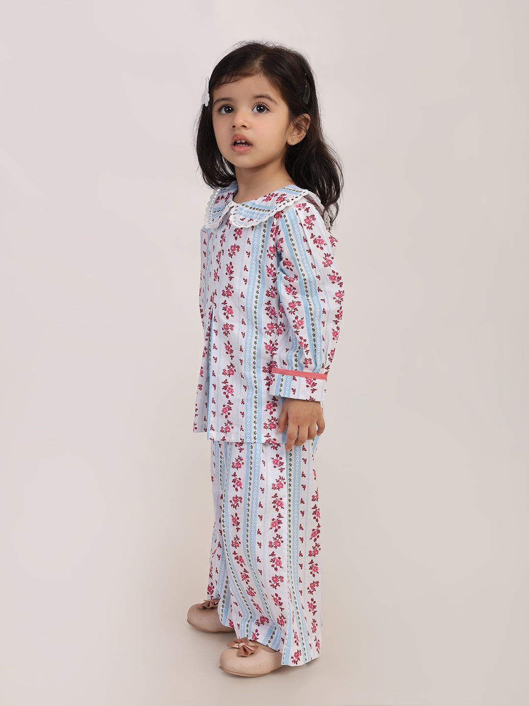 Floral Stripe Cotton Coord Set for Girls | Festive Peter Pan Collar Outfit