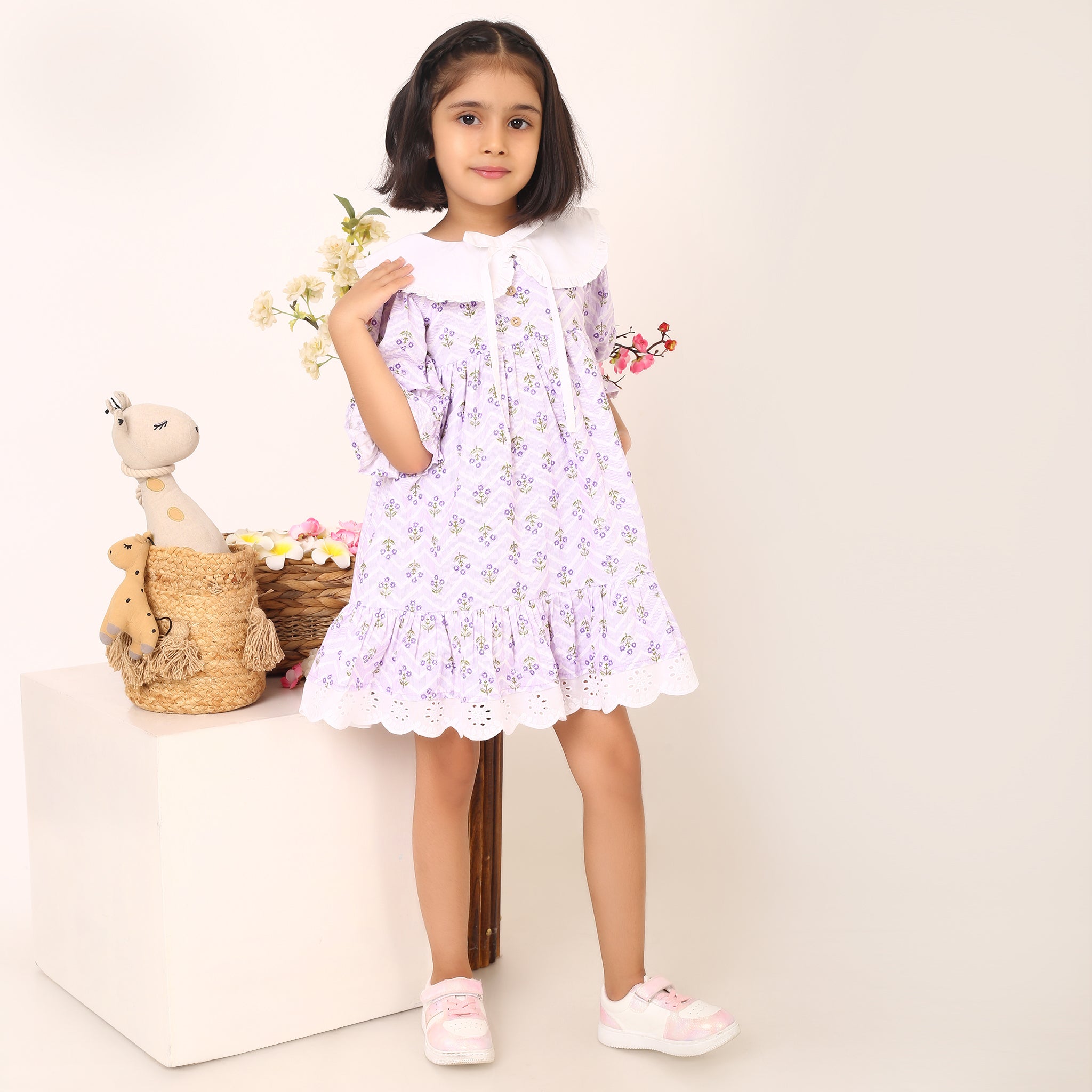Lavender Floral Cotton Dress for Girls