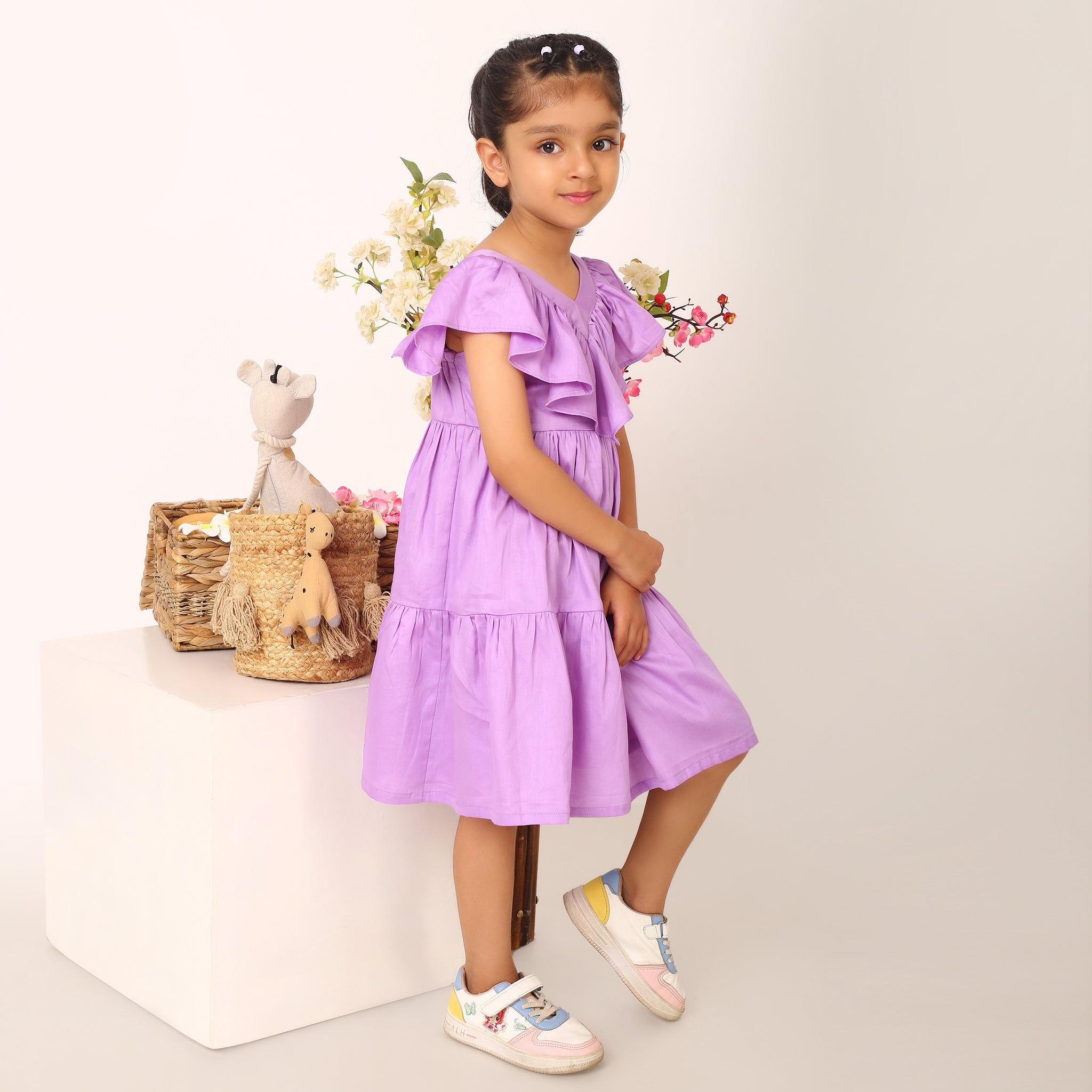 100% Cotton Purple Tier Frill Neck Dress