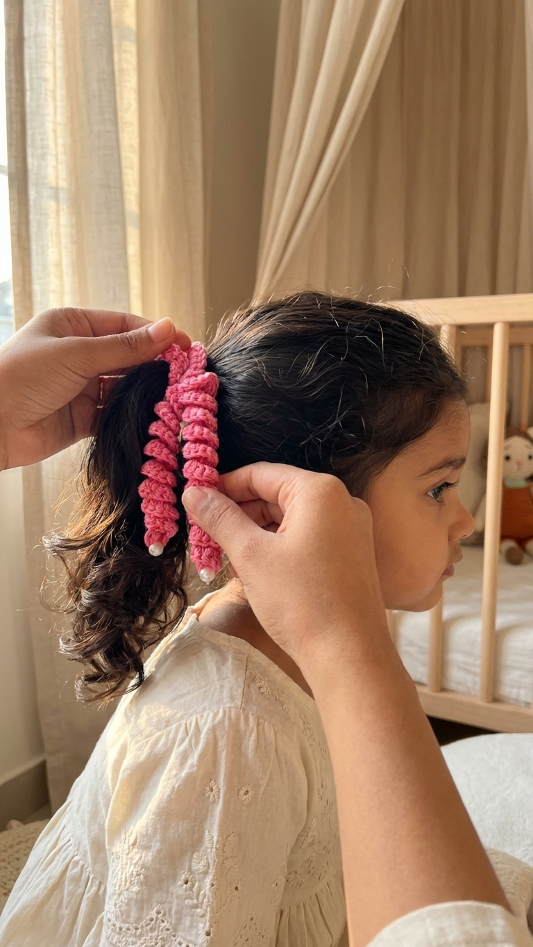Crochet Hair Bands with Hanging Curls - Pink